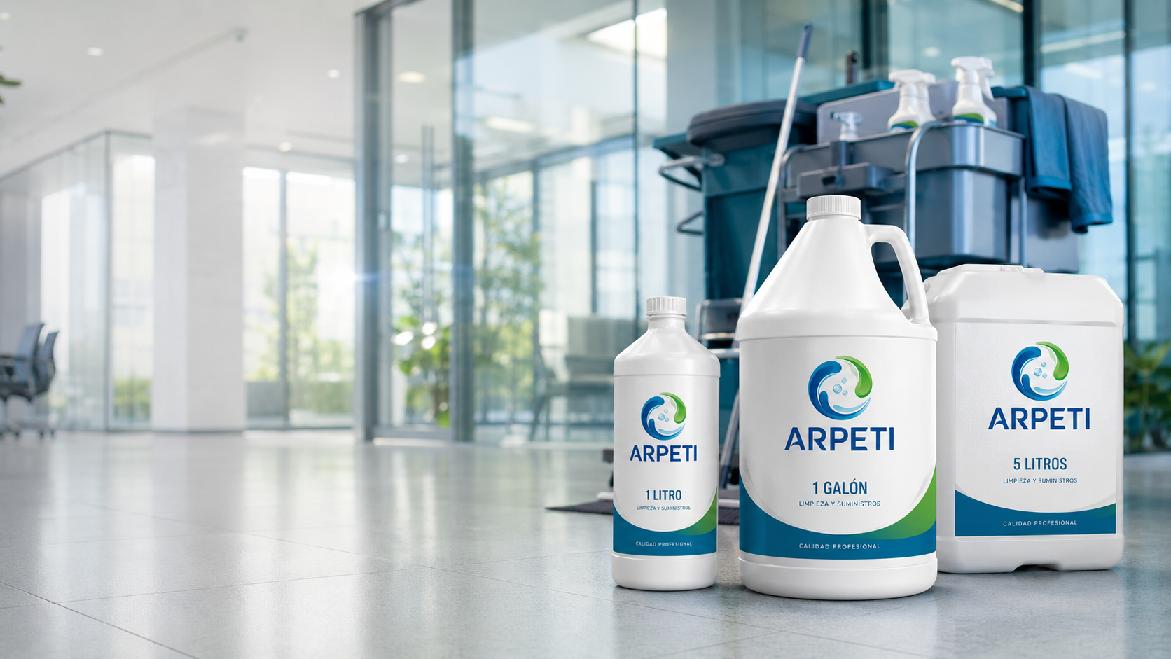 Carrito de limpieza profesional con productos ARPETI en oficinas modernas